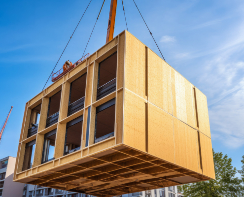 Wooden building module is raised by a crane and placed into the framework